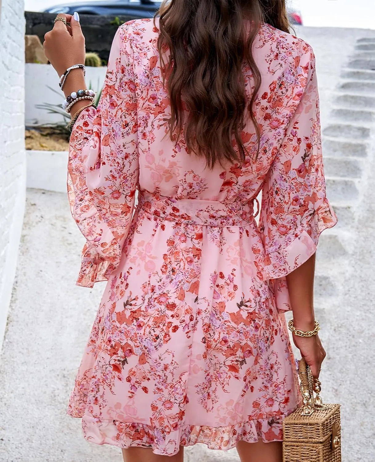 UONBOX Women's Floral Print Boho Dress V Neck Ruffle A-line Beach Mini Dress with Belt