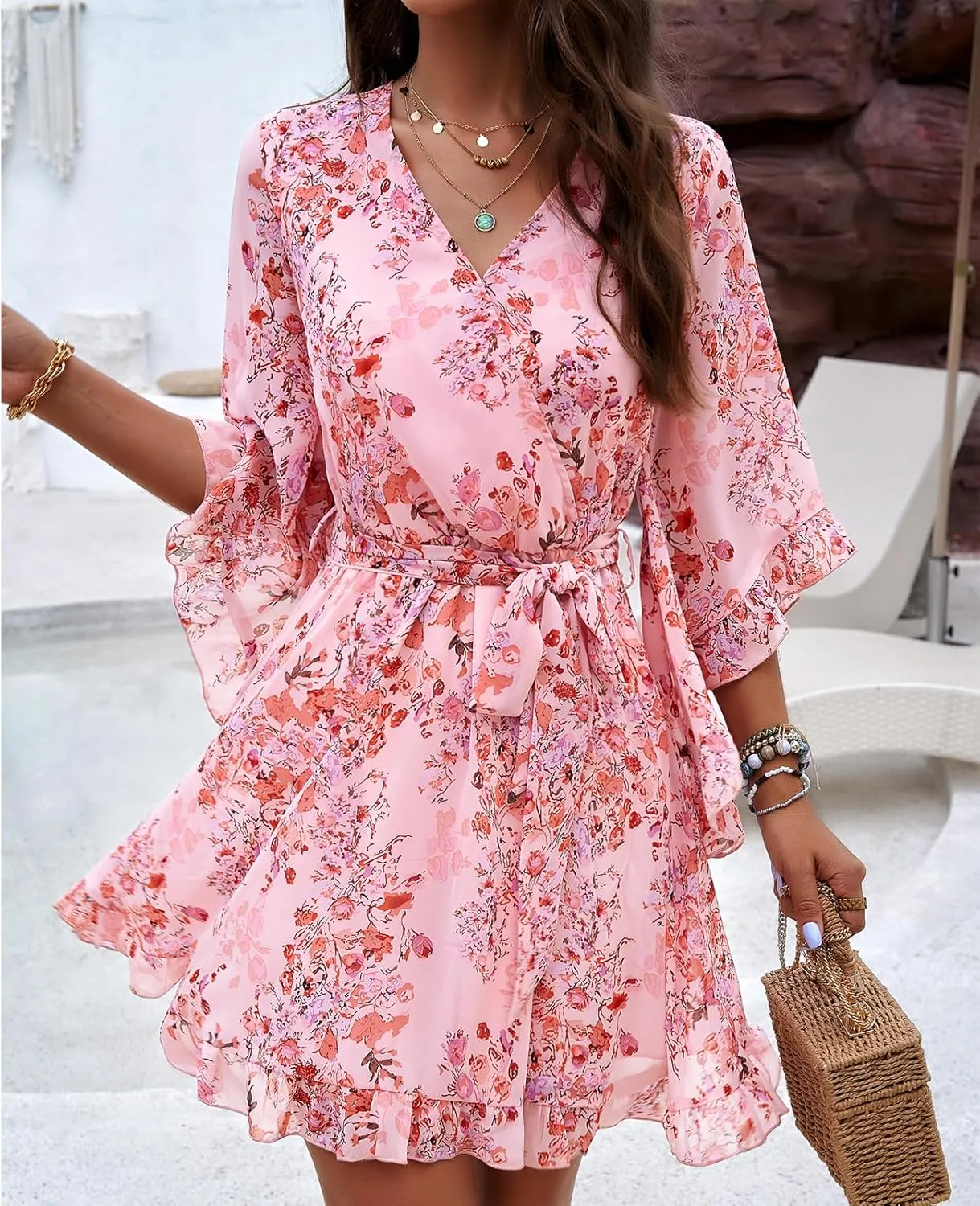 UONBOX Women's Floral Print Boho Dress V Neck Ruffle A-line Beach Mini Dress with Belt