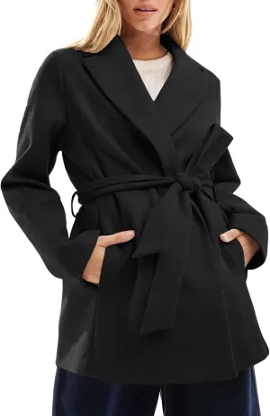 utcoco Women Fashion Belted Wool Trench Coat Notched Lapel Pea Coats Winter Warm Jackets with Pockets