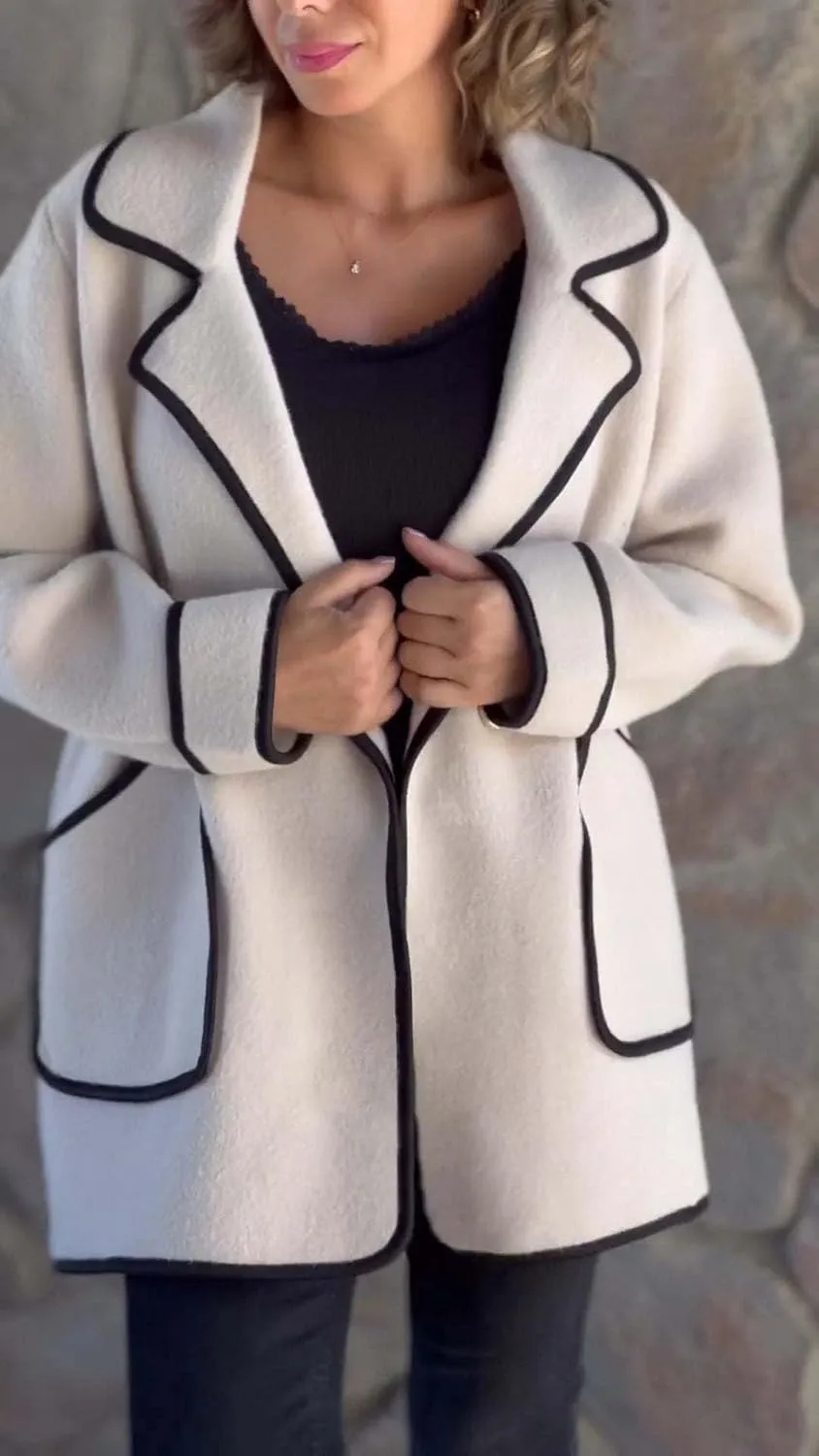 utcoco Women's Notched Lapel Wool Coats Color Block Trim Trench Coat Peacoat Casual Blazer Jacket with Pockets
