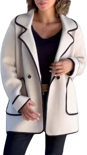 utcoco Women's Notched Lapel Wool Coats Color Block Trim Trench Coat Peacoat Casual Blazer Jacket with Pockets