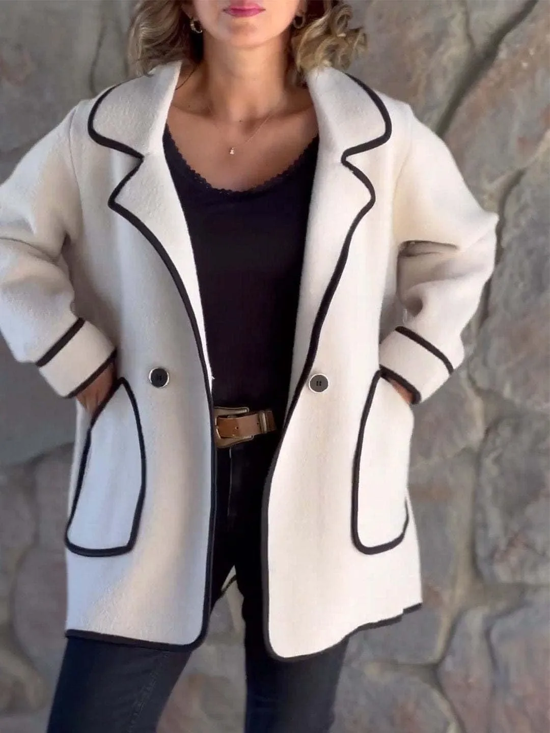 utcoco Women's Notched Lapel Wool Coats Color Block Trim Trench Coat Peacoat Casual Blazer Jacket with Pockets