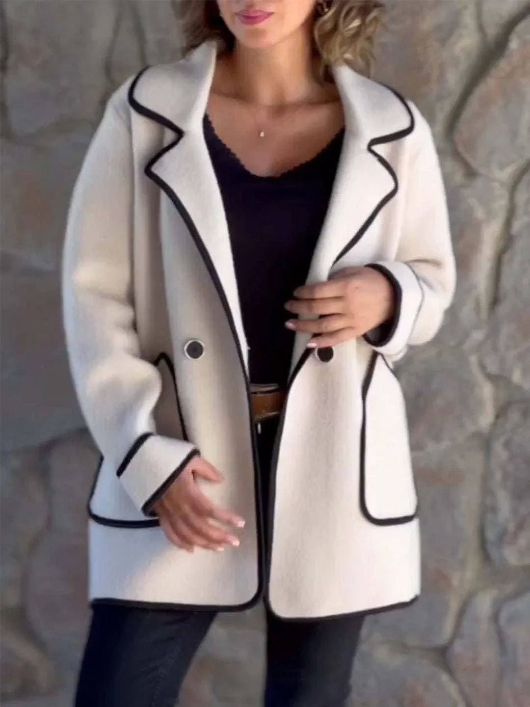 utcoco Women's Notched Lapel Wool Coats Color Block Trim Trench Coat Peacoat Casual Blazer Jacket with Pockets