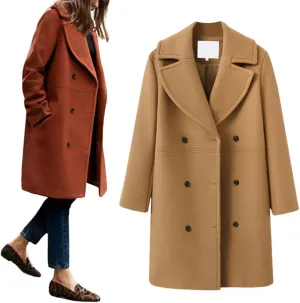 utcoco Women's Wool Blend Double Breasted Pea Coat Notched Lapel Mid Long Trench Overcoat with Pockets