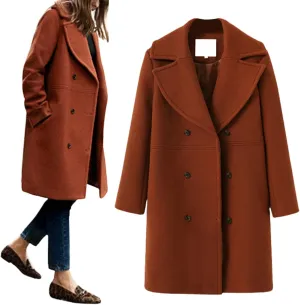 utcoco Women's Wool Blend Double Breasted Pea Coat Notched Lapel Mid Long Trench Overcoat with Pockets
