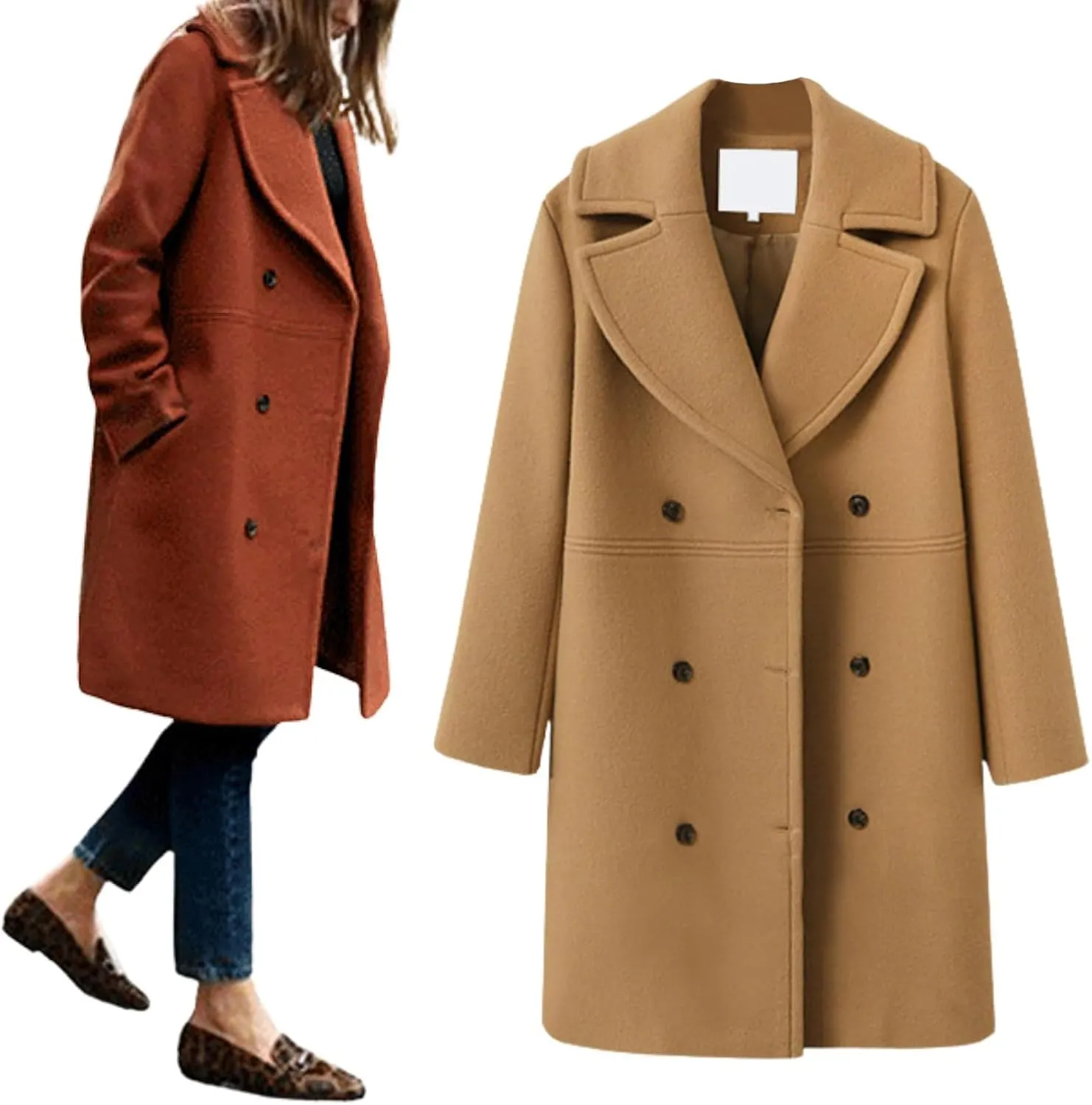 utcoco Women's Wool Blend Double Breasted Pea Coat Notched Lapel Mid Long Trench Overcoat with Pockets