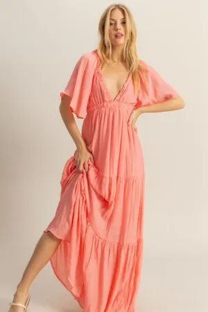 V-Neck Flowy Sleeves Tiered Maxi Dress