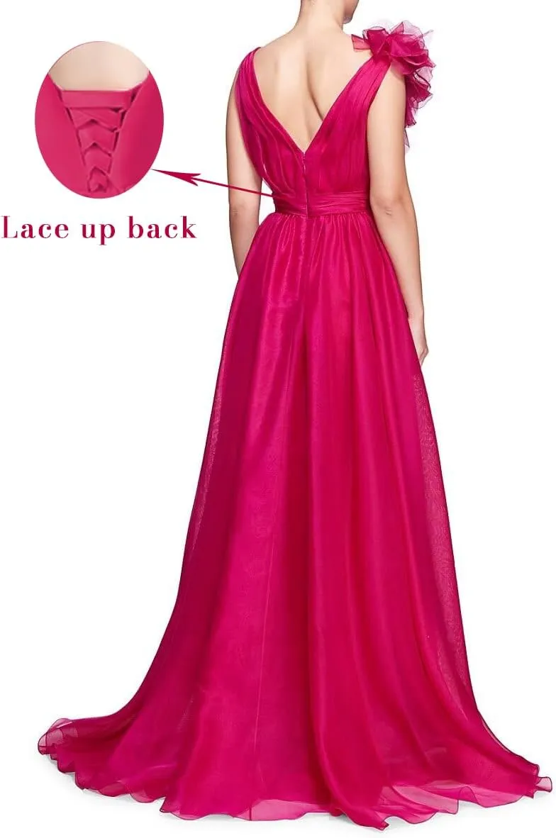 V Neck Tulle Prom Dresses for Women Sexy 3D Flower Split Long Formal Evening Dress A Line Floor Length Party Gown