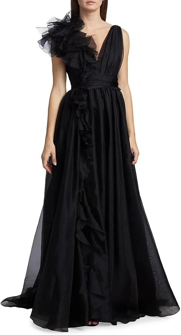 V Neck Tulle Prom Dresses for Women Sexy 3D Flower Split Long Formal Evening Dress A Line Floor Length Party Gown