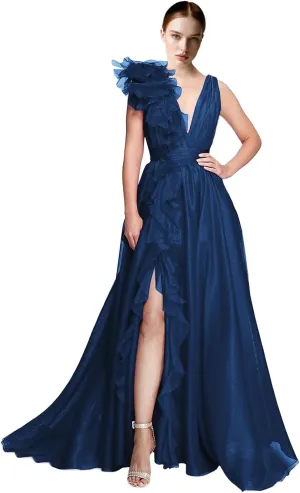 V Neck Tulle Prom Dresses for Women Sexy 3D Flower Split Long Formal Evening Dress A Line Floor Length Party Gown
