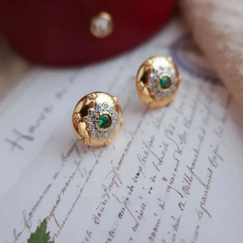 VAIGE Elegant Green Zircon Carved Floral Stud Earrings