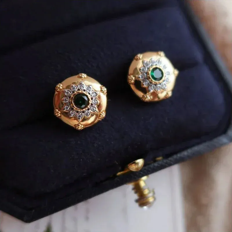 VAIGE Elegant Green Zircon Carved Floral Stud Earrings