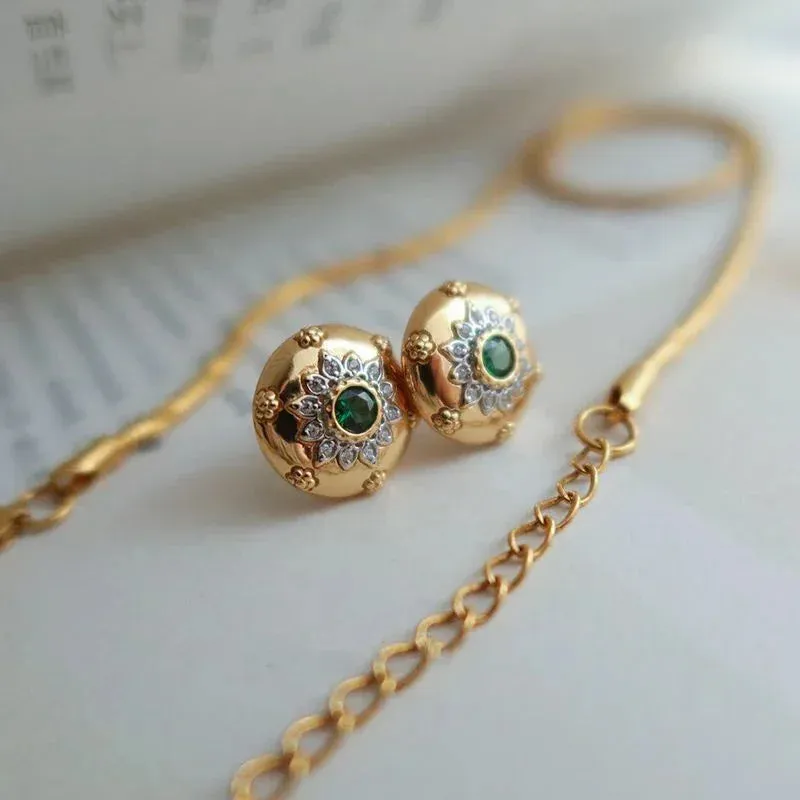 VAIGE Elegant Green Zircon Carved Floral Stud Earrings