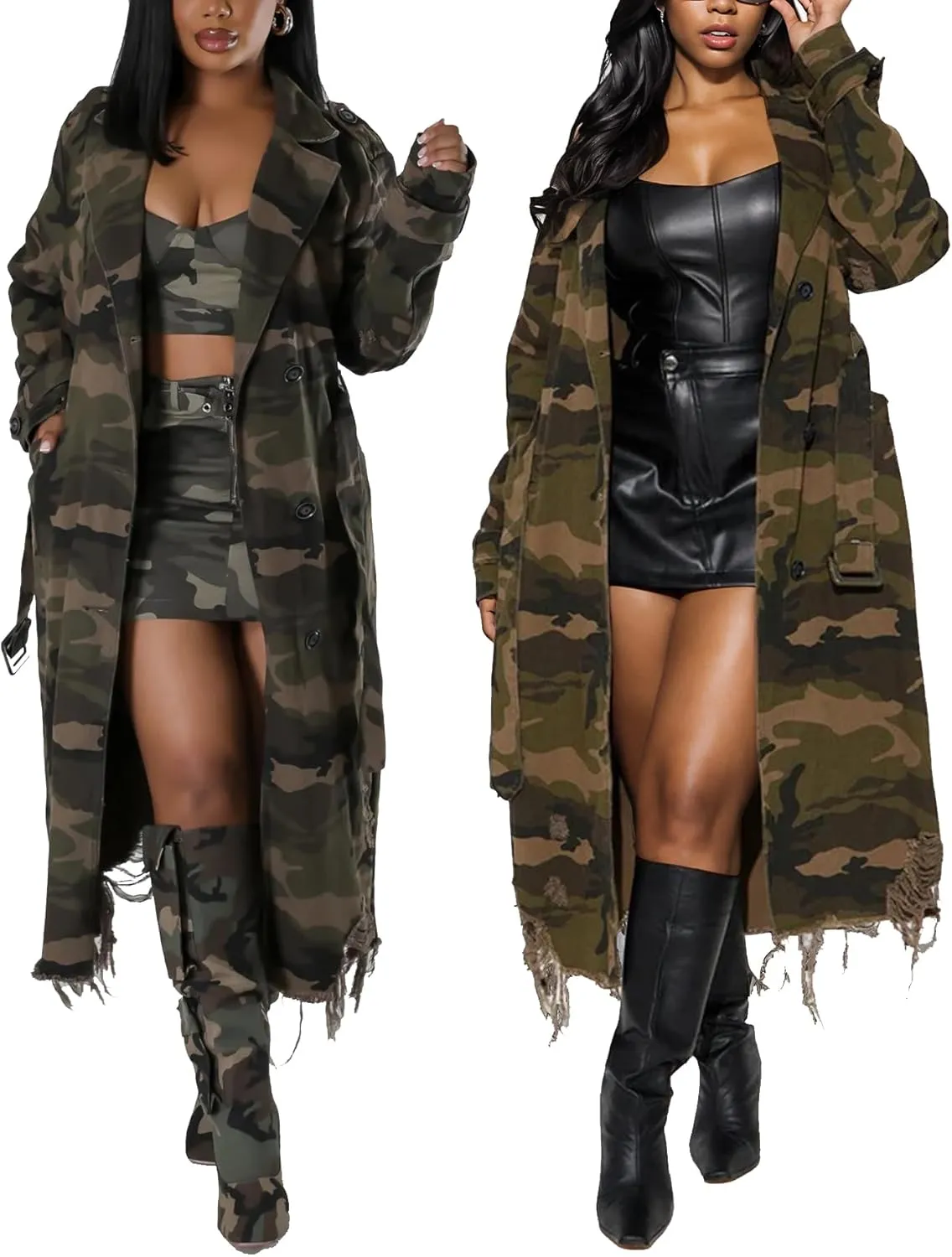 Vakkest Women's Camo Long Trench Coat Long Sleeve Classic Lapel Button Distressed Army Fatigue Jacket Overcoat with Belt