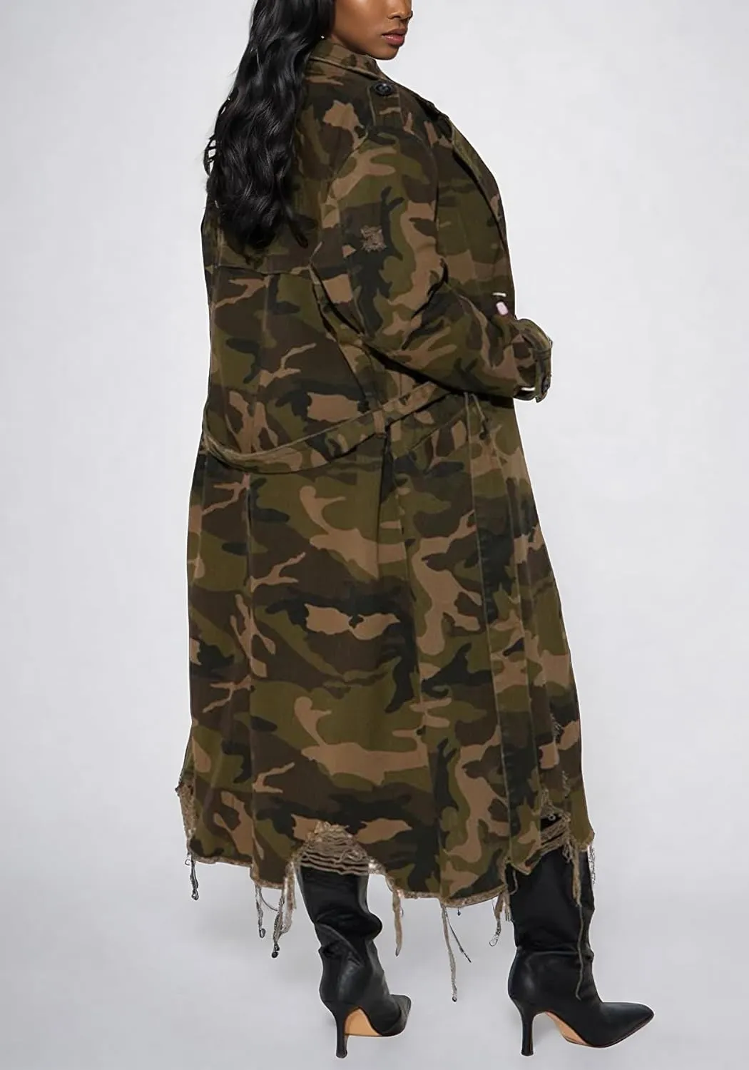 Vakkest Women's Camo Long Trench Coat Long Sleeve Classic Lapel Button Distressed Army Fatigue Jacket Overcoat with Belt
