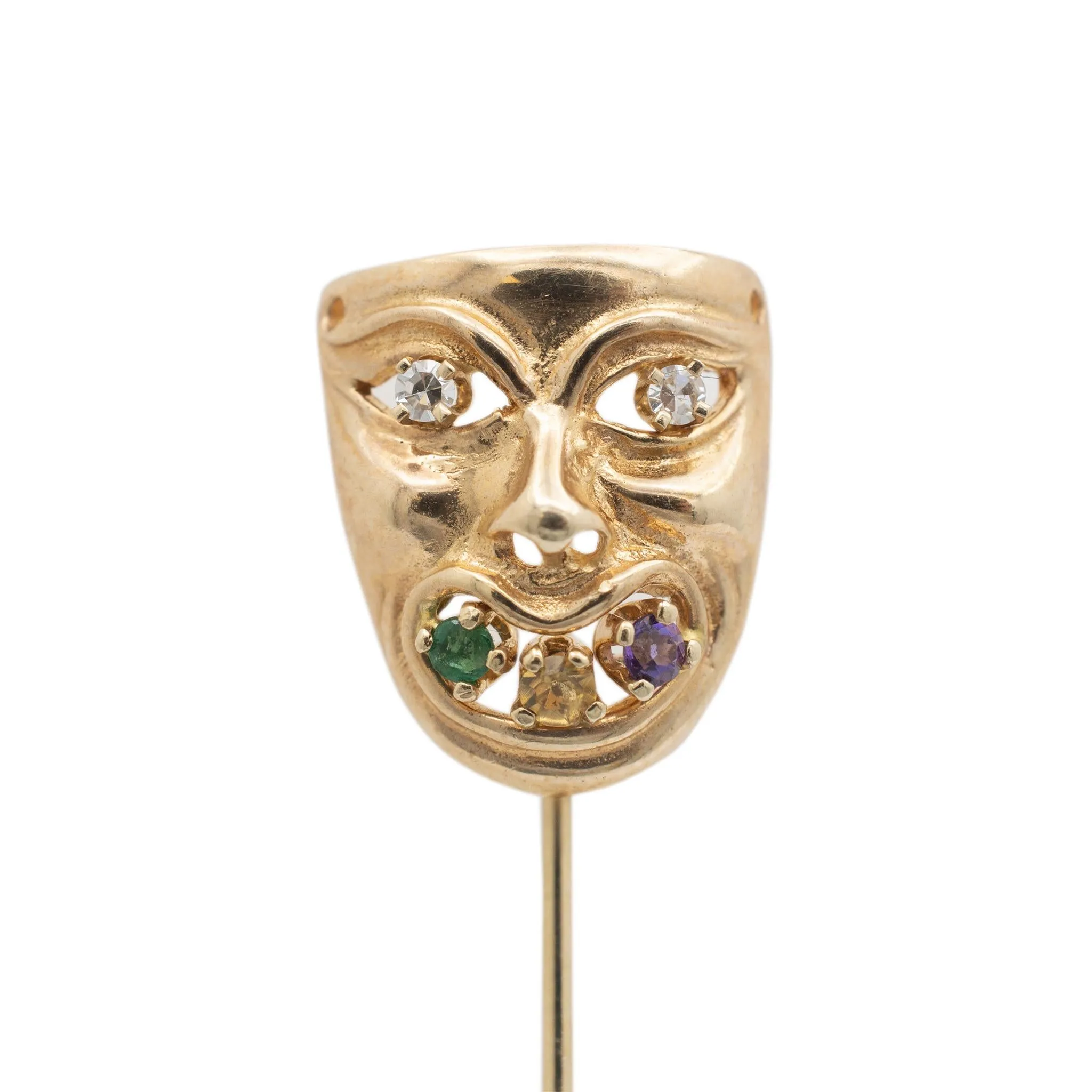 Vintage 14K Yellow Gold Diamond Emerald Amethyst Citrine Mask Pin