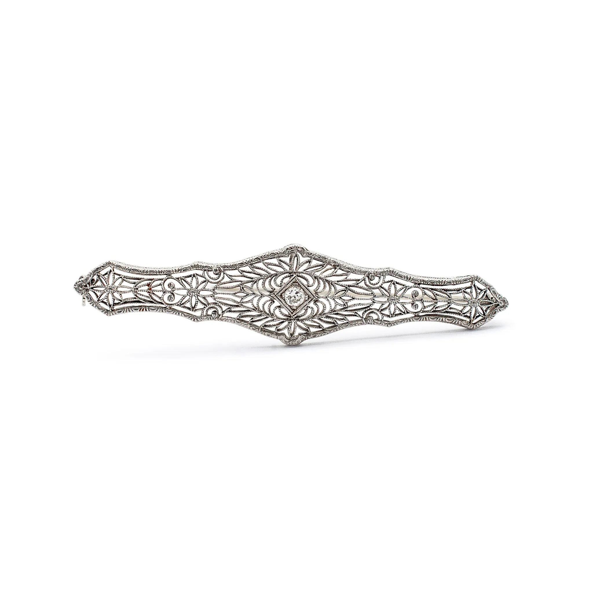 Vintage Platinum & 14K White Gold Filigreed Diamond Brooch