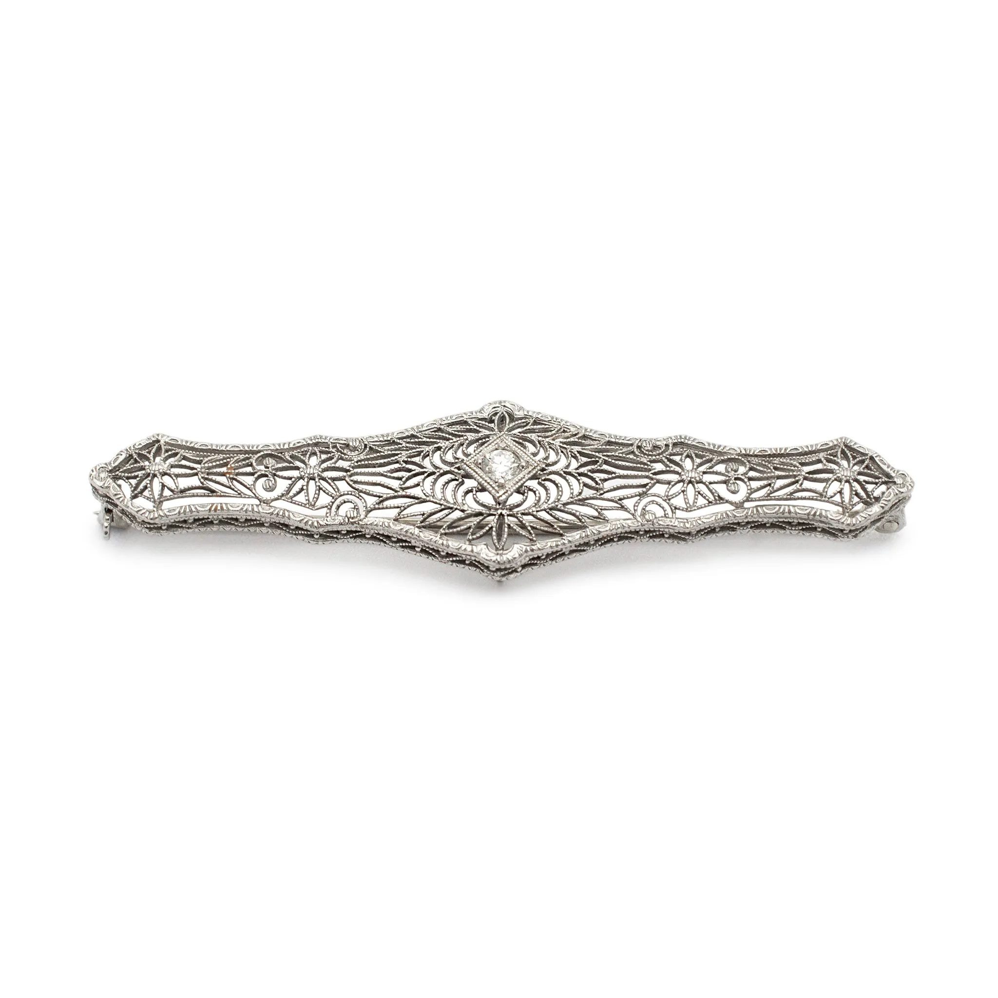 Vintage Platinum & 14K White Gold Filigreed Diamond Brooch