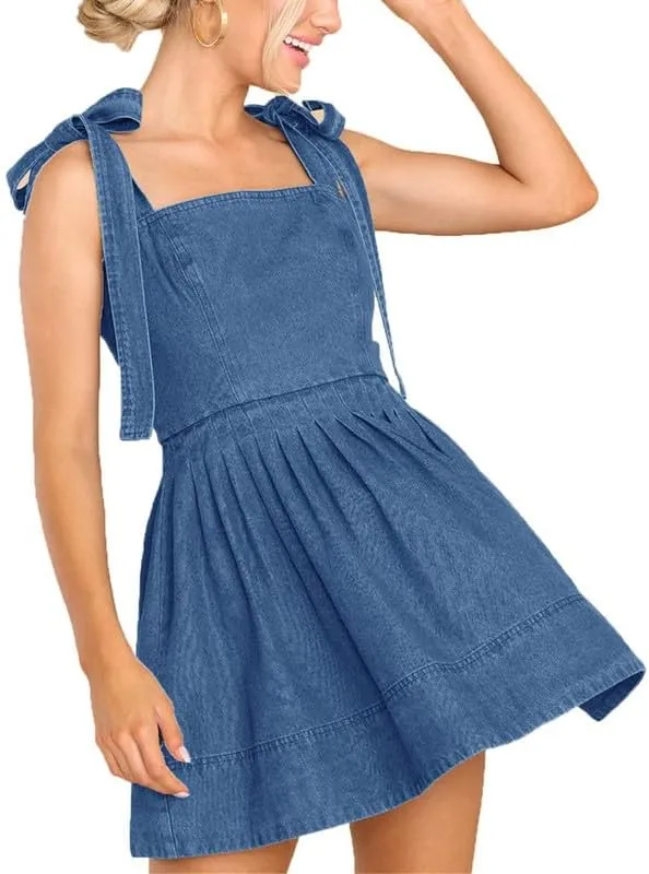 VIVICOLOR Womens Spaghetti Strap Mini Denim Dress Ruffle A-Line Short Denim Sundress