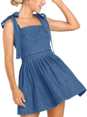 VIVICOLOR Womens Spaghetti Strap Mini Denim Dress Ruffle A-Line Short Denim Sundress