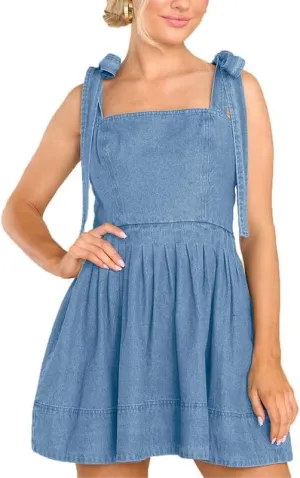 VIVICOLOR Womens Spaghetti Strap Mini Denim Dress Ruffle A-Line Short Denim Sundress