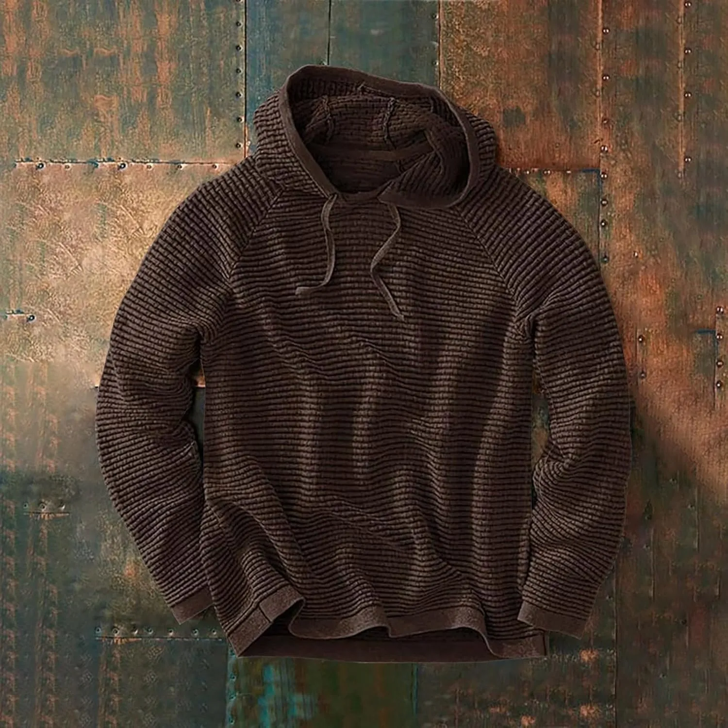 Waffle Hooded Sweatshirt for Men Long Sleeve Gym Athletic Hoodies Pure Color Drawstring Casual Pullover Tops