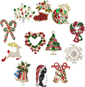 Waydress 12 Pieces Christmas Brooch Pins Set for Women Rhinestone Crystal Winter Vintage Wreath Snowman Reindeer Christmas Snowflake Enamel Jewelry Pins Gift Ladies Gift Jewelry Party