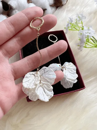White - pearlescent flowers earrings | frosted petals earrings | unique golden floral earrings | bridal party wedding earrings