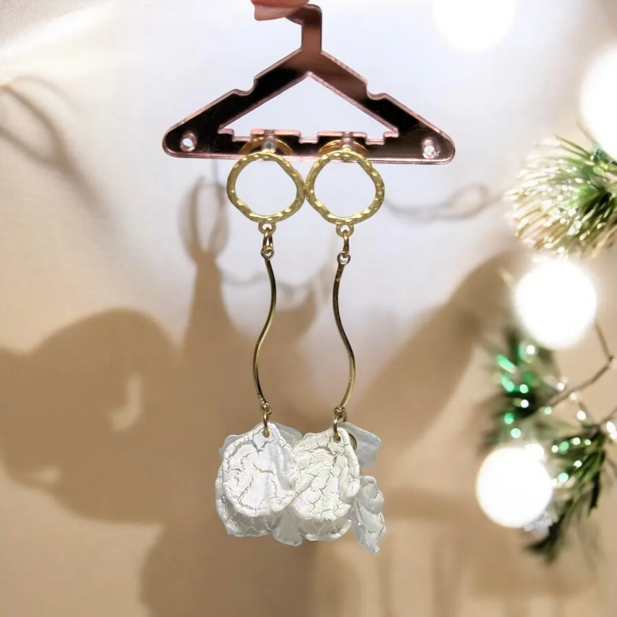White - pearlescent flowers earrings | frosted petals earrings | unique golden floral earrings | bridal party wedding earrings