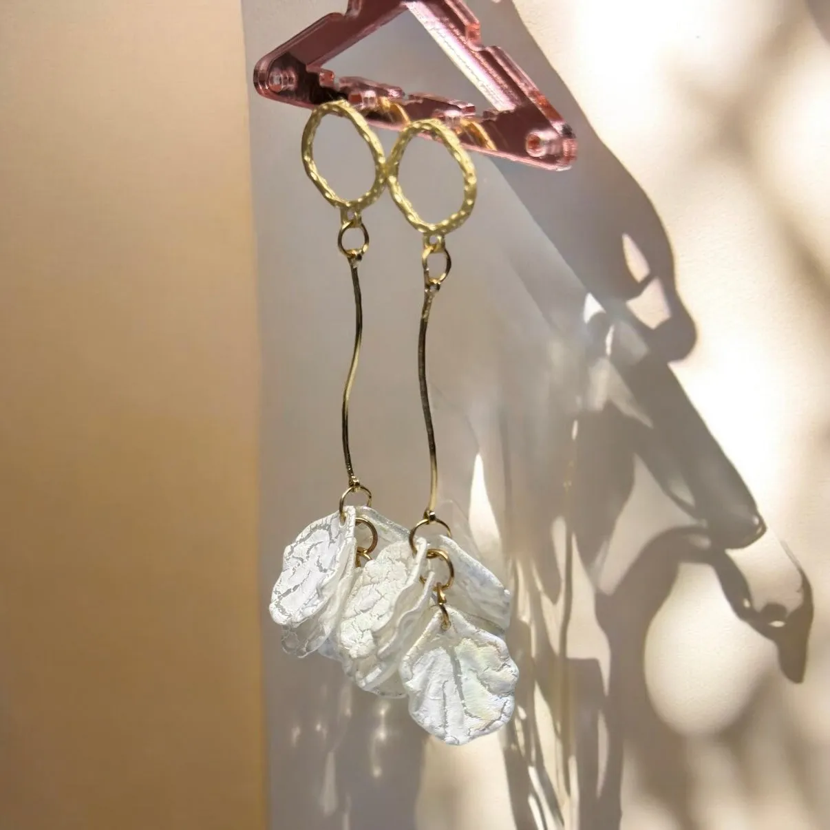 White - pearlescent flowers earrings | frosted petals earrings | unique golden floral earrings | bridal party wedding earrings