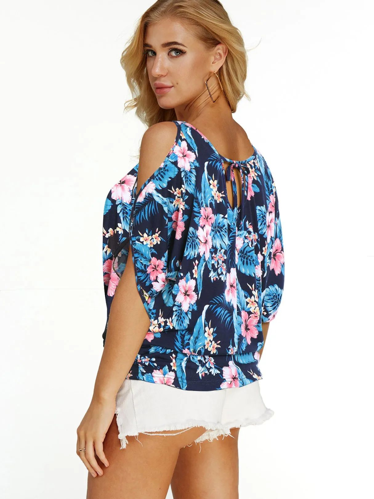 Wholesale Scoop Neck Cold Shoulder Short Sleeve Cut Out Tie-Up Navy T-Shirts
