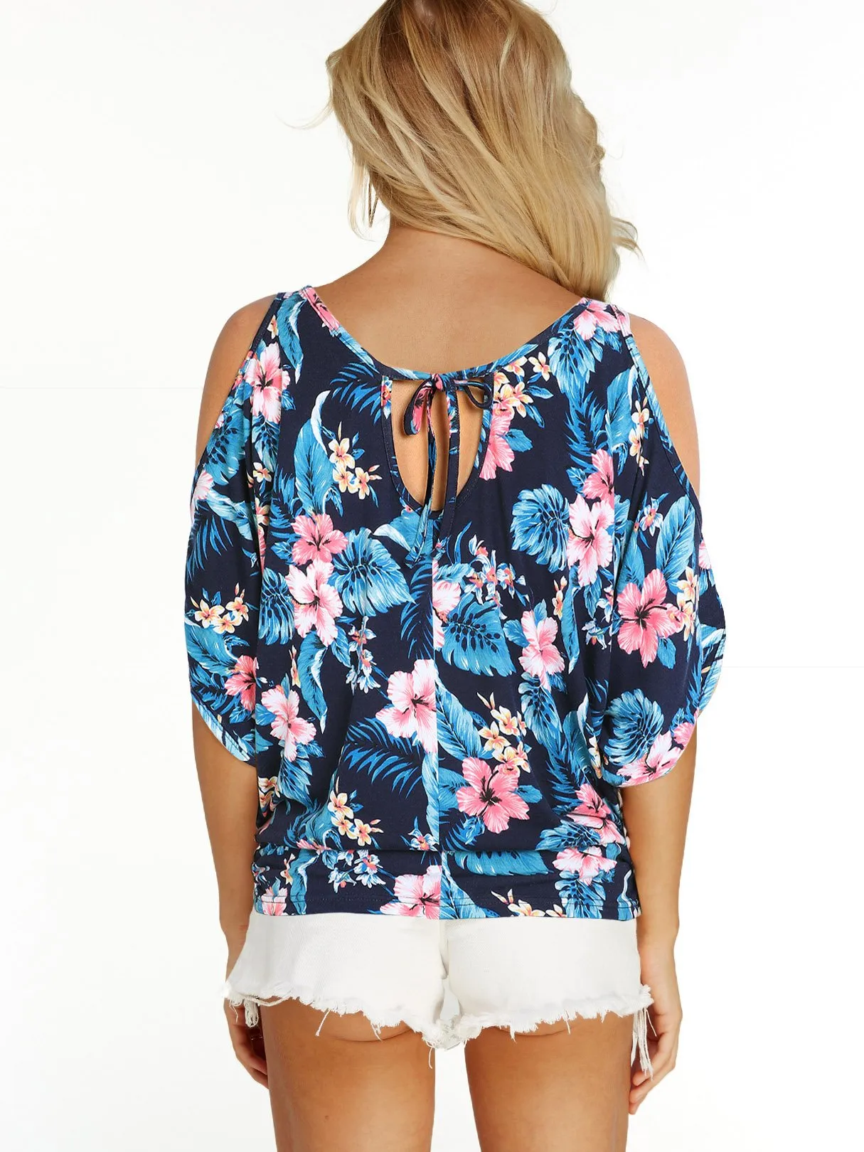 Wholesale Scoop Neck Cold Shoulder Short Sleeve Cut Out Tie-Up Navy T-Shirts