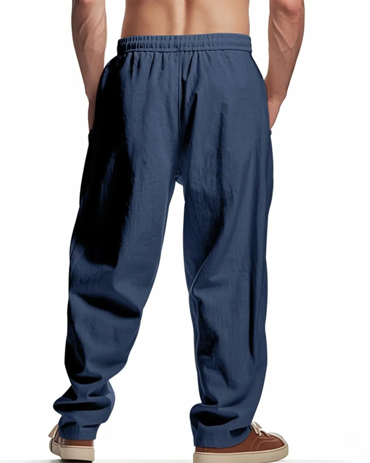 Wide Leg Linen Pants Men Summer Casual Elastic Waist Trousers with Pockets Relaxed Fit Beach Yoga Print Lounge Pants