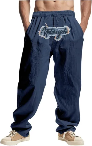 Wide Leg Linen Pants Men Summer Casual Elastic Waist Trousers with Pockets Relaxed Fit Beach Yoga Print Lounge Pants