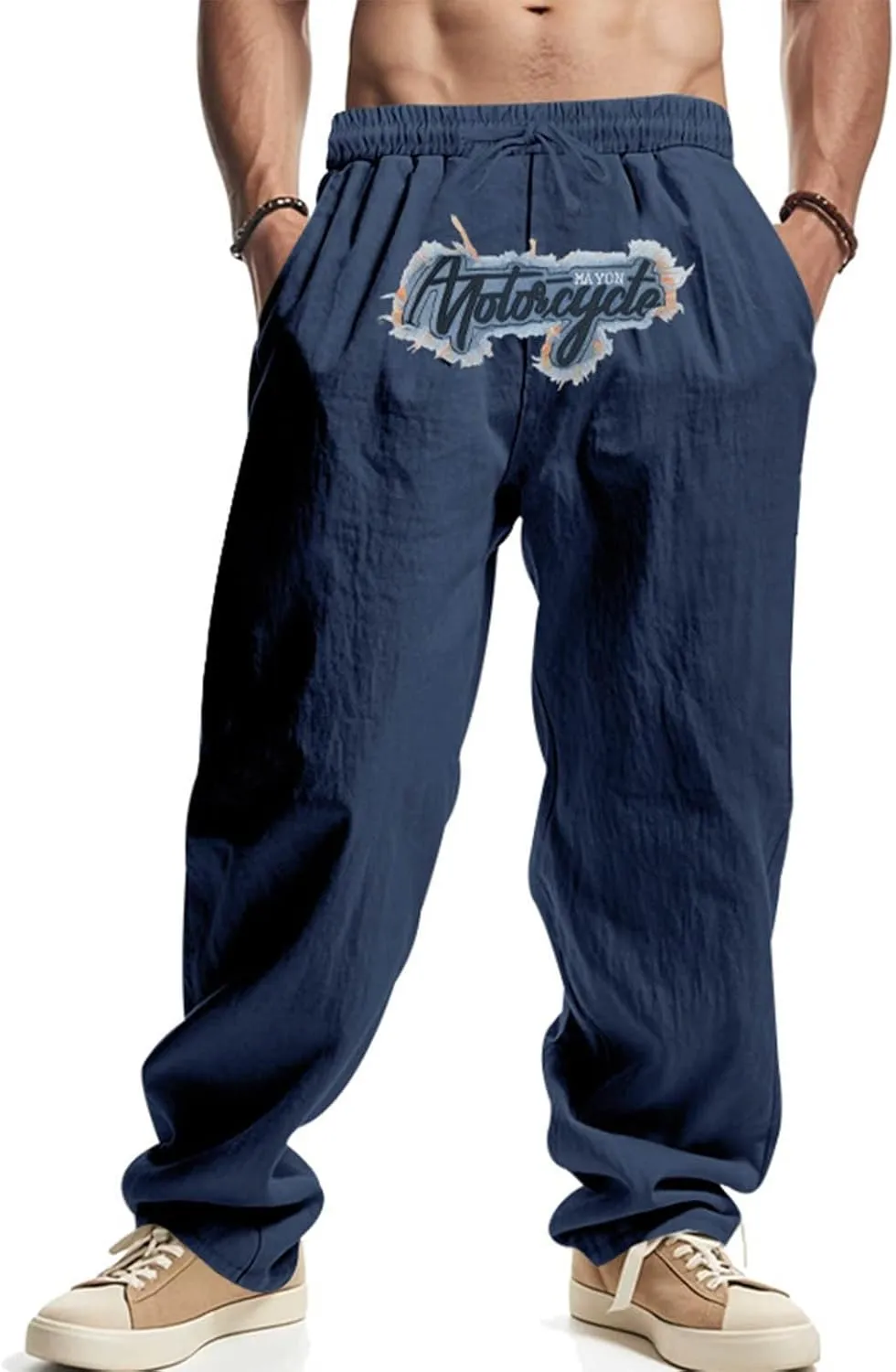 Wide Leg Linen Pants Men Summer Casual Elastic Waist Trousers with Pockets Relaxed Fit Beach Yoga Print Lounge Pants