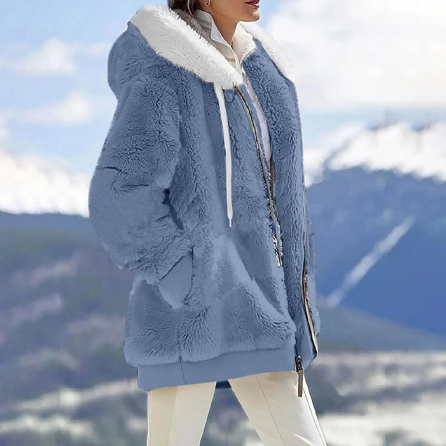 Winter Jackets for Women Fuzzy Fleece Jacket Hooded Color Block Patchwork Cardigan Coats Soft Shaggy Warm Outerwear