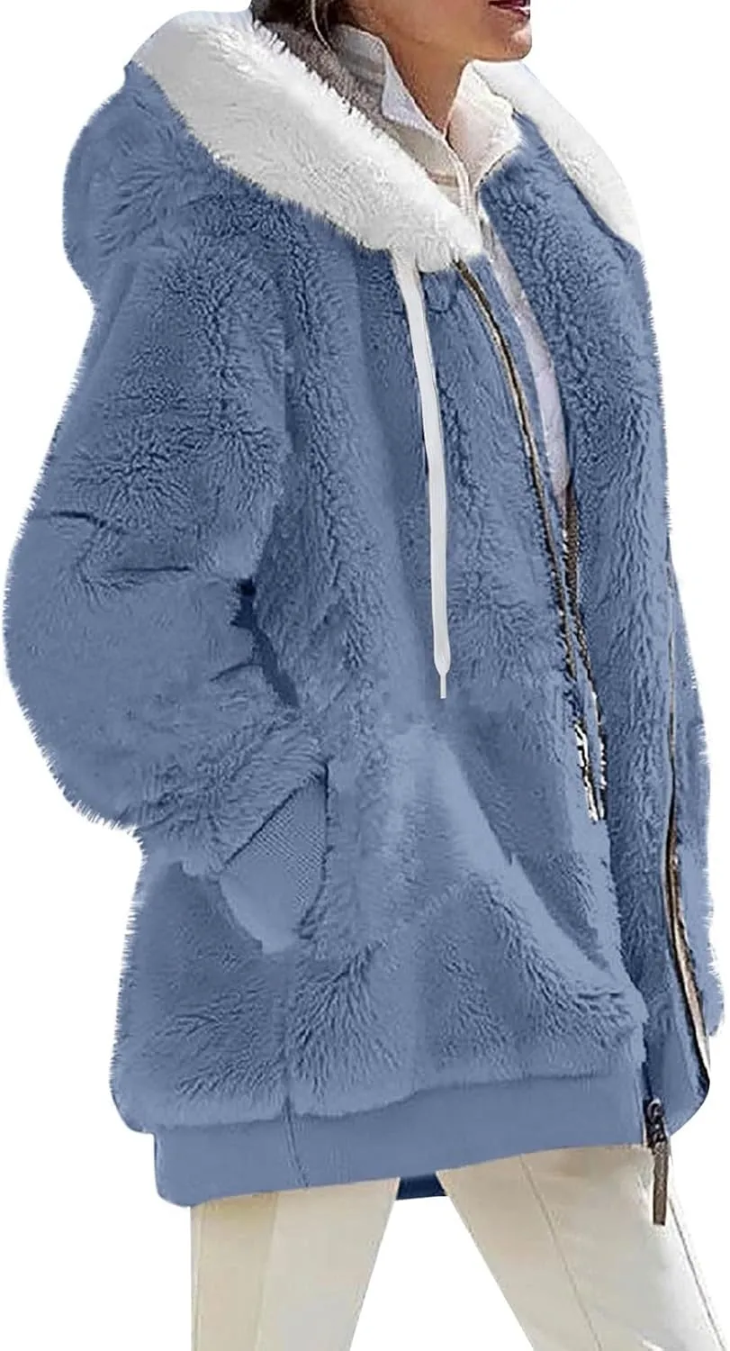 Winter Jackets for Women Fuzzy Fleece Jacket Hooded Color Block Patchwork Cardigan Coats Soft Shaggy Warm Outerwear