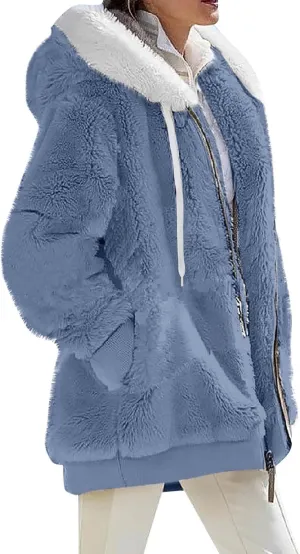 Winter Jackets for Women Fuzzy Fleece Jacket Hooded Color Block Patchwork Cardigan Coats Soft Shaggy Warm Outerwear