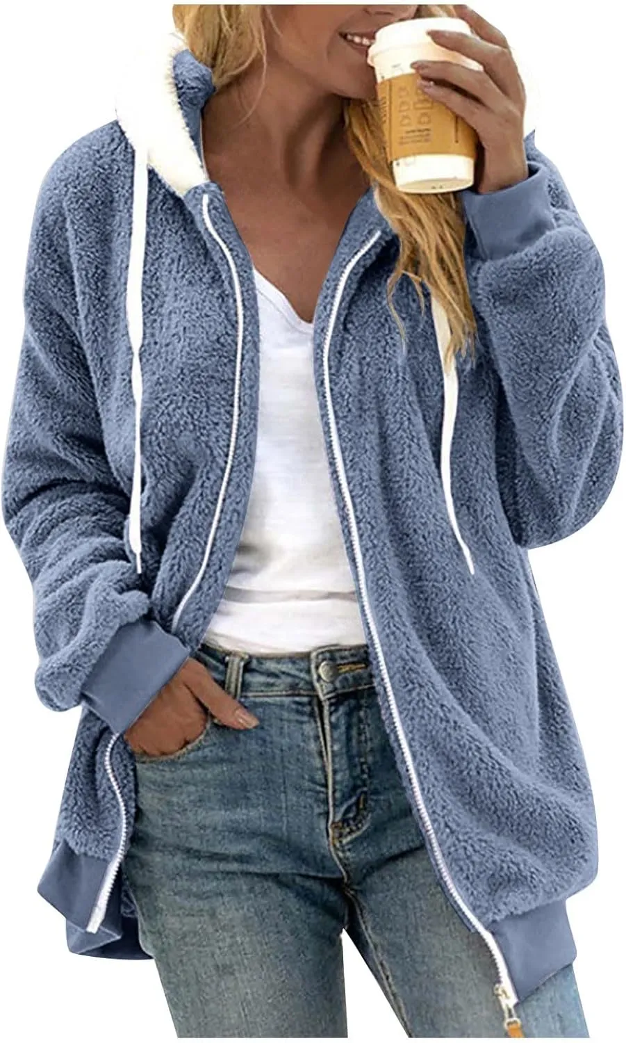 Winter Jackets for Women Fuzzy Fleece Jacket Hooded Color Block Patchwork Cardigan Coats Soft Shaggy Warm Outerwear