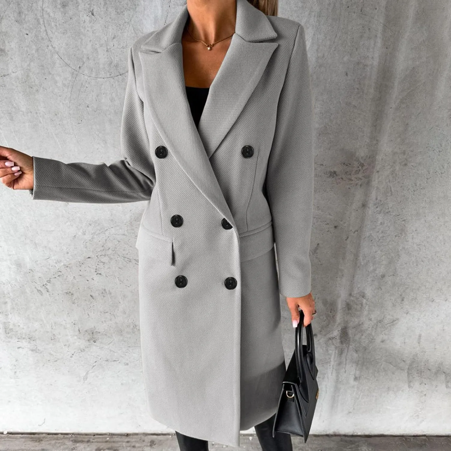 Winter Wool Coats for Women Warm Double Breasted Trench Coat Casual Notch Lapel Collared Pea Coat Jackets with Pockets