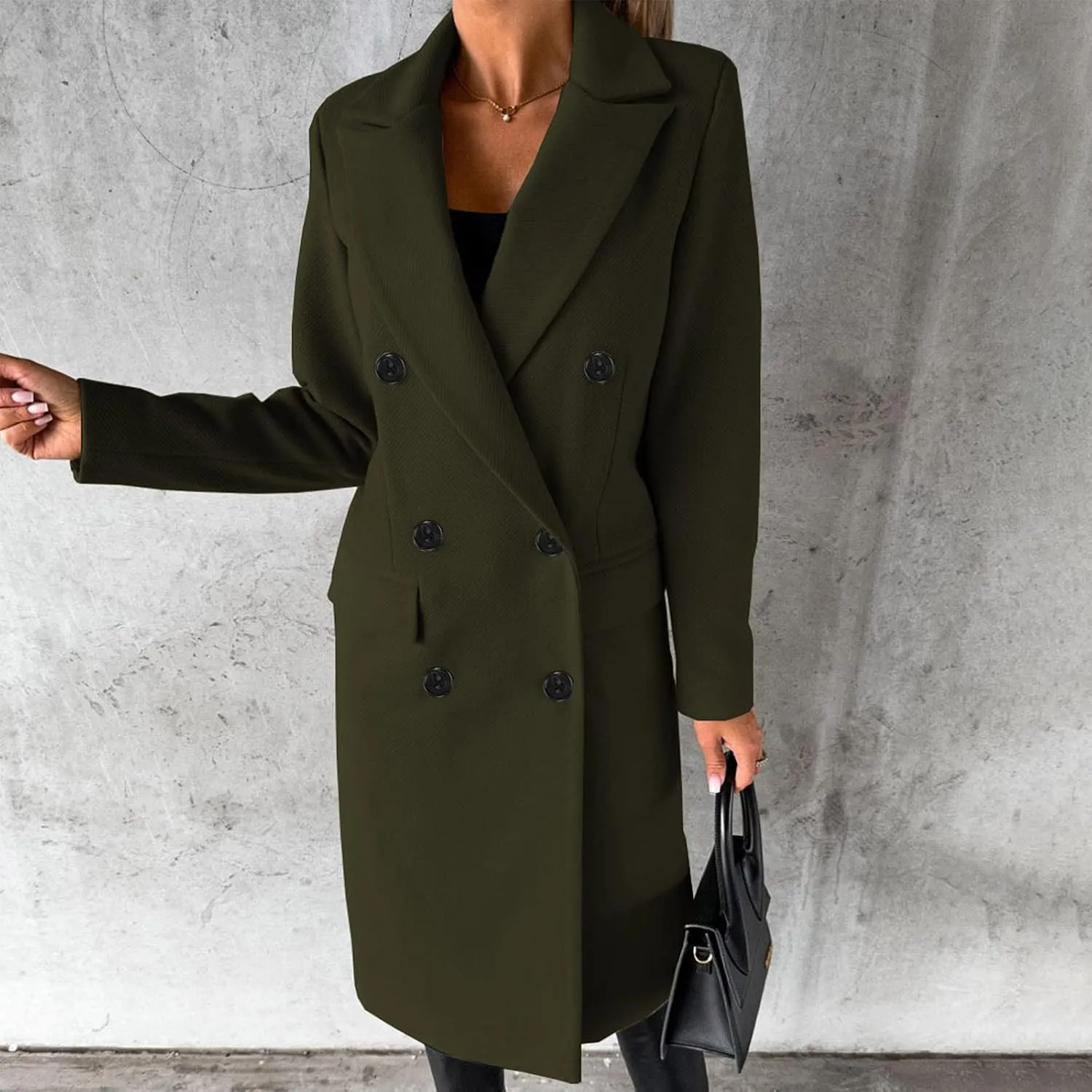 Winter Wool Coats for Women Warm Double Breasted Trench Coat Casual Notch Lapel Collared Pea Coat Jackets with Pockets