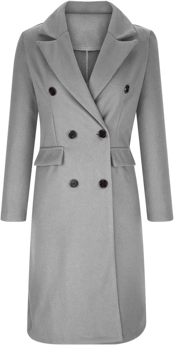 Winter Wool Coats for Women Warm Double Breasted Trench Coat Casual Notch Lapel Collared Pea Coat Jackets with Pockets