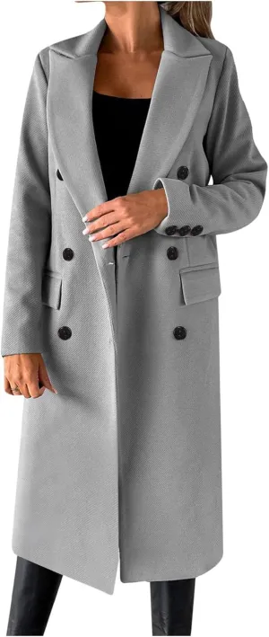 Winter Wool Coats for Women Warm Double Breasted Trench Coat Casual Notch Lapel Collared Pea Coat Jackets with Pockets