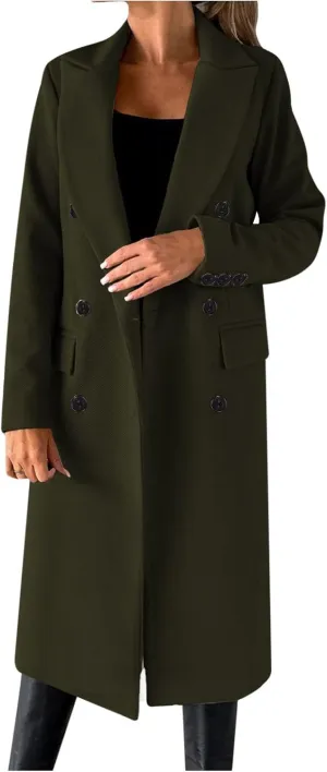 Winter Wool Coats for Women Warm Double Breasted Trench Coat Casual Notch Lapel Collared Pea Coat Jackets with Pockets