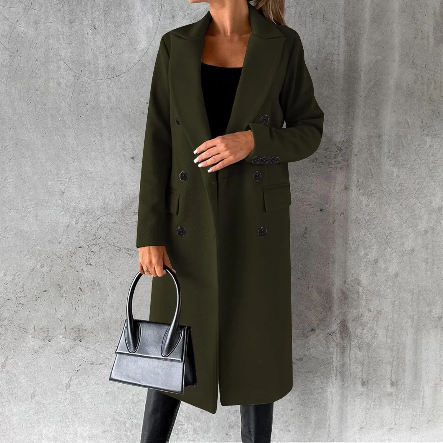 Winter Wool Coats for Women Warm Double Breasted Trench Coat Casual Notch Lapel Collared Pea Coat Jackets with Pockets