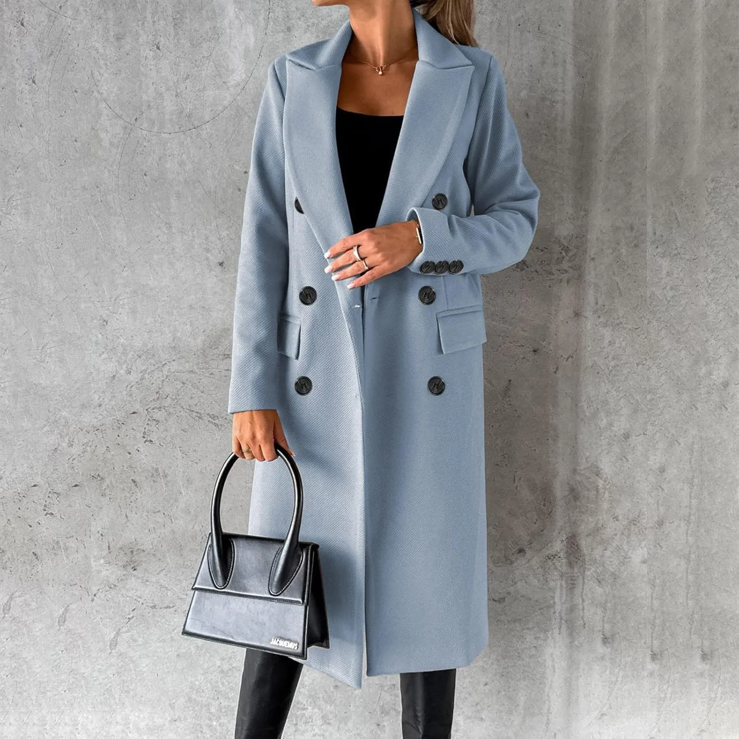 Winter Wool Coats for Women Warm Double Breasted Trench Coat Casual Notch Lapel Collared Pea Coat Jackets with Pockets