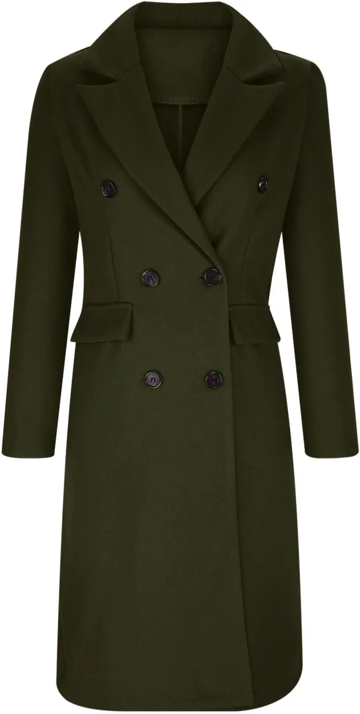Winter Wool Coats for Women Warm Double Breasted Trench Coat Casual Notch Lapel Collared Pea Coat Jackets with Pockets