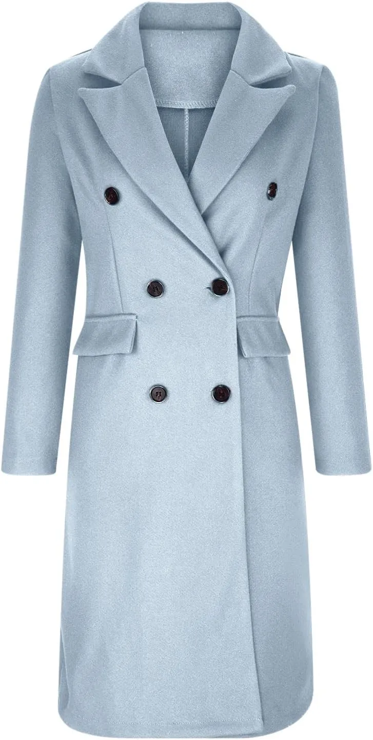 Winter Wool Coats for Women Warm Double Breasted Trench Coat Casual Notch Lapel Collared Pea Coat Jackets with Pockets