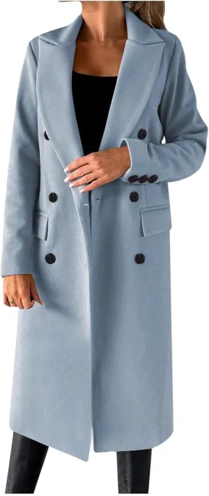 Winter Wool Coats for Women Warm Double Breasted Trench Coat Casual Notch Lapel Collared Pea Coat Jackets with Pockets
