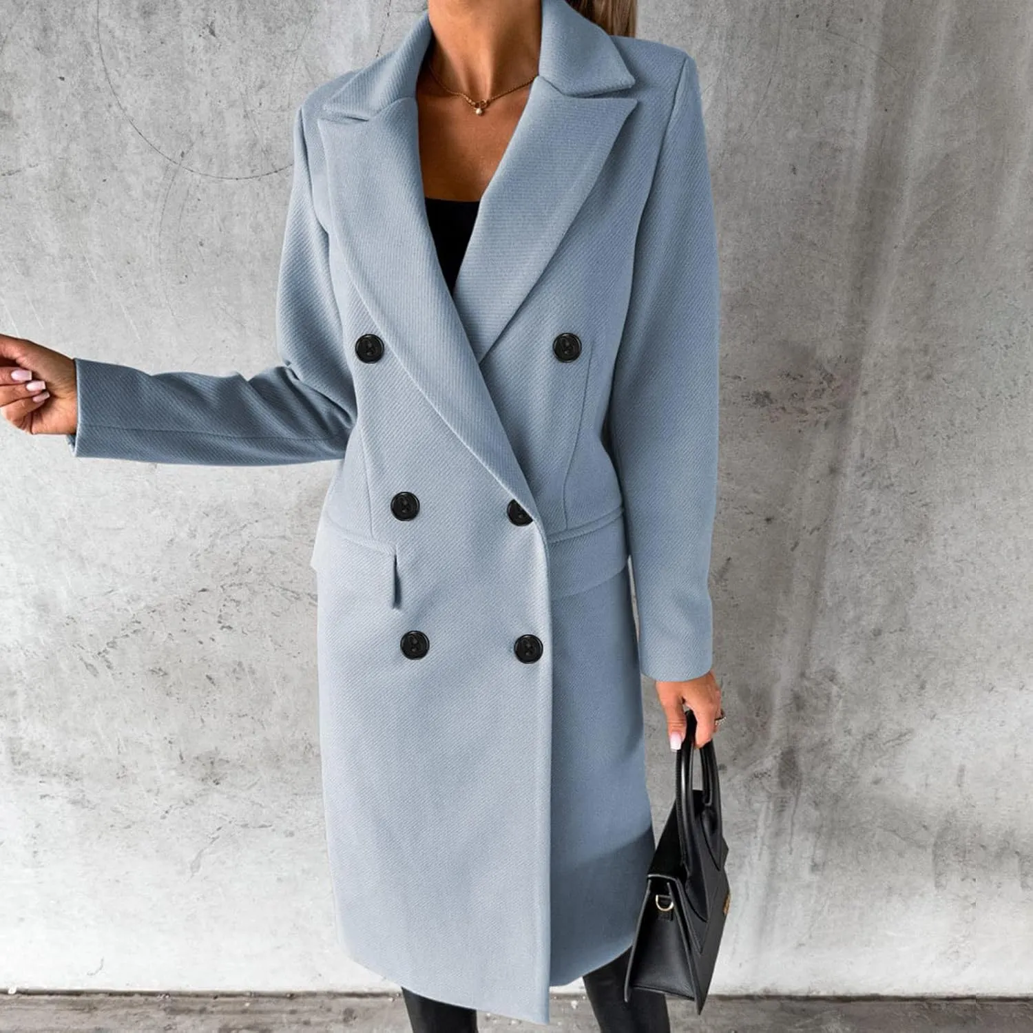 Winter Wool Coats for Women Warm Double Breasted Trench Coat Casual Notch Lapel Collared Pea Coat Jackets with Pockets